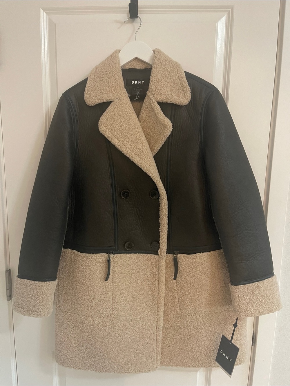DKNY Black & Cream Teddy Shearling-Trim Coat